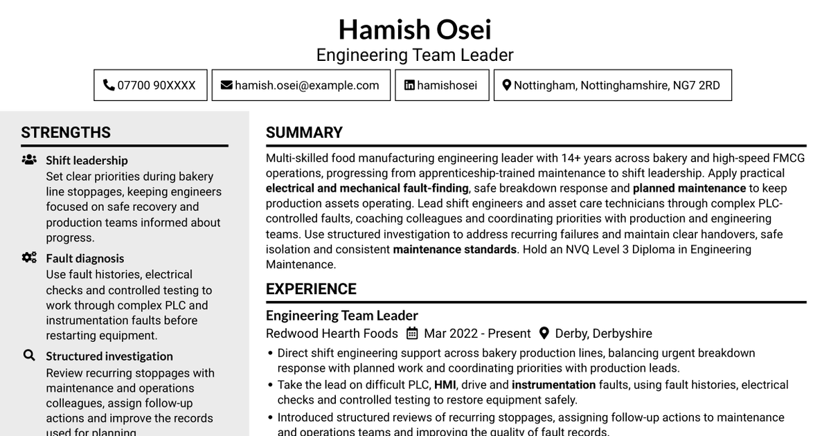 7 Engineering Team Leader - Food Manufacturing CV Templates with Example