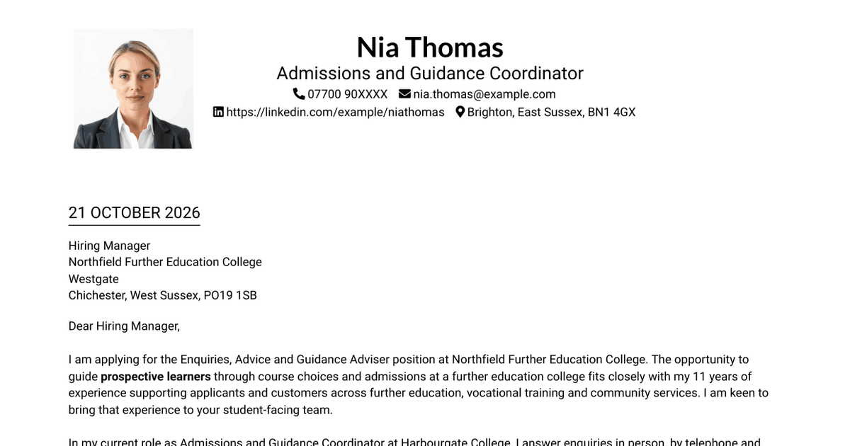 7 Enquiries, Advice and Guidance Adviser - Further Education Admissions Cover Letter Templates with Example
