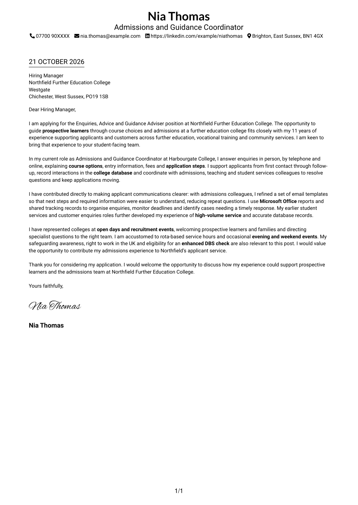 Cover letter example — page 1