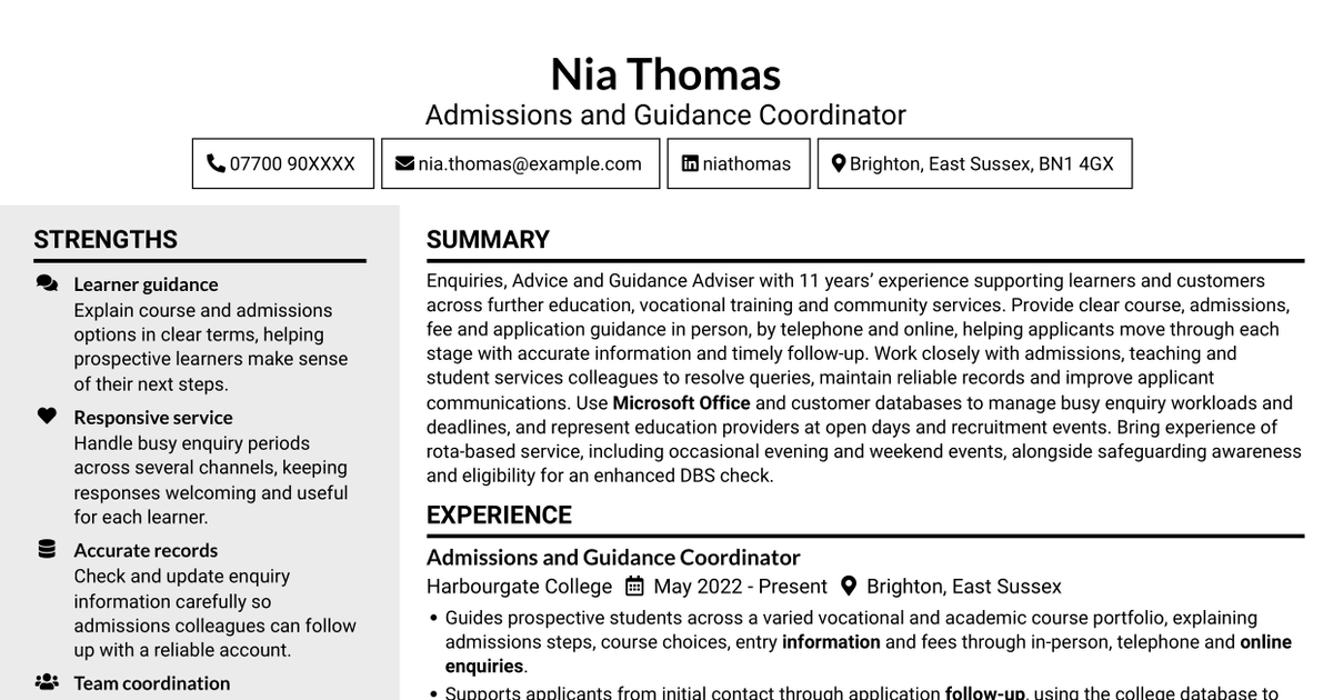 7 Enquiries, Advice and Guidance Adviser - Further Education Admissions CV Templates with Example