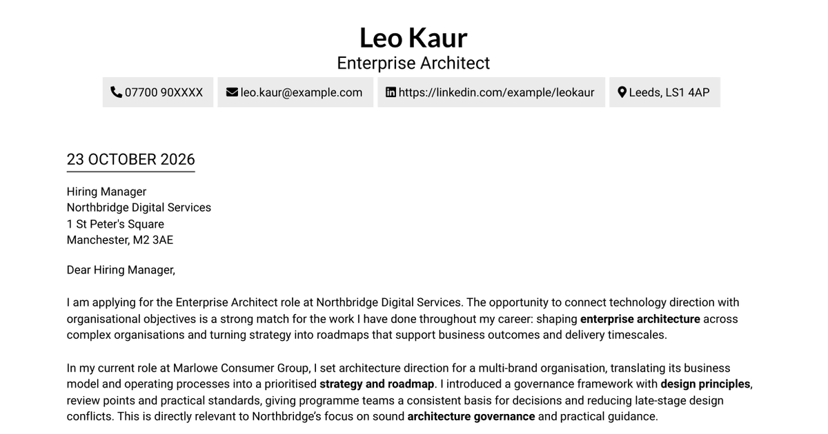 7 Enterprise Architect - Technology Strategy and Governance Cover Letter Templates with Example