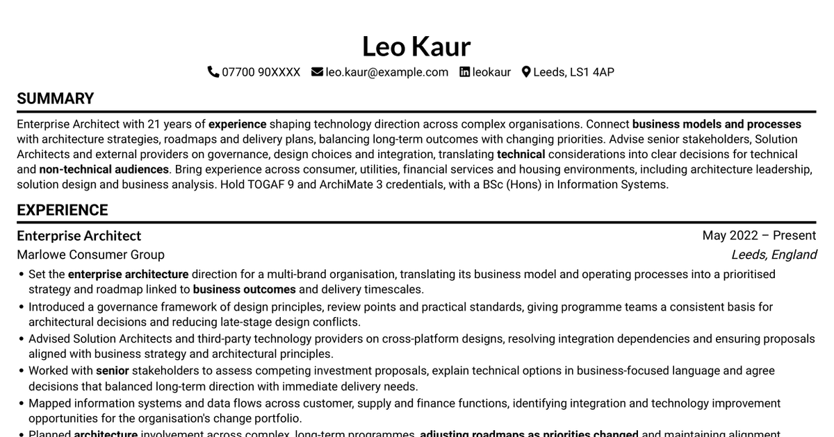 7 Enterprise Architect - Technology Strategy and Governance CV Templates with Example