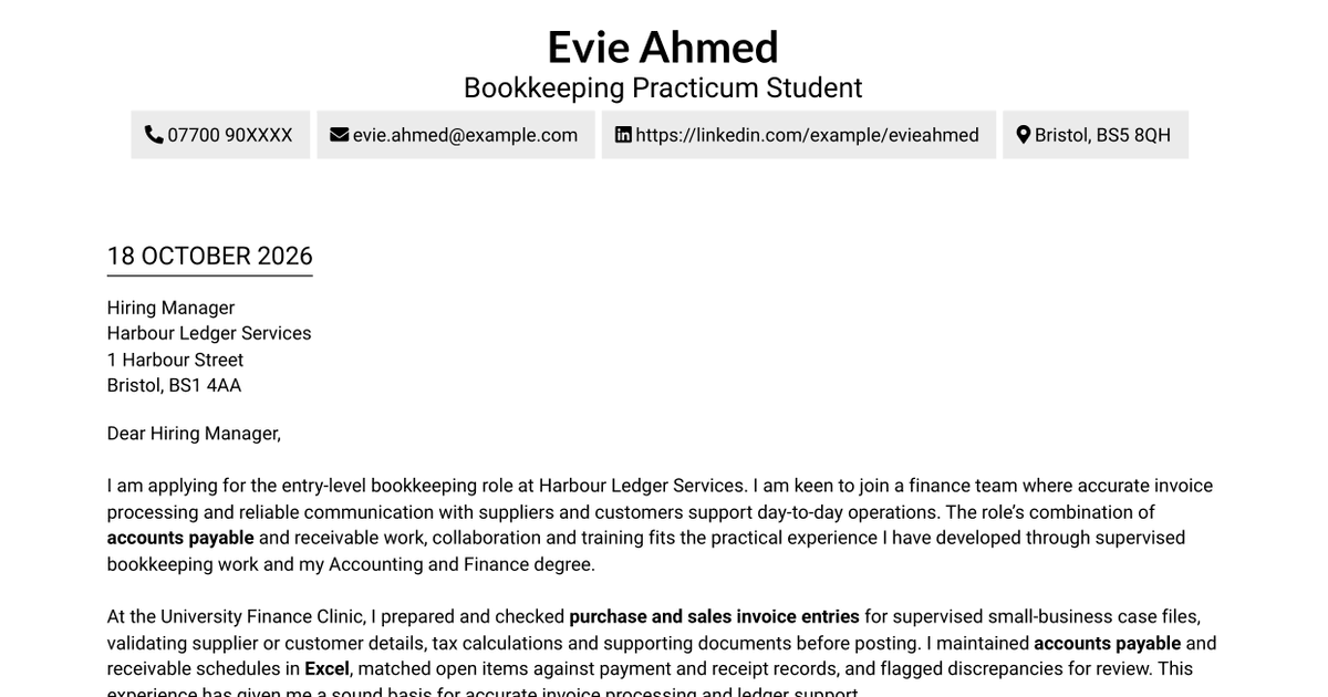 7 Entry-Level Bookkeeper - Accounts Payable and Receivable Cover Letter Templates with Example