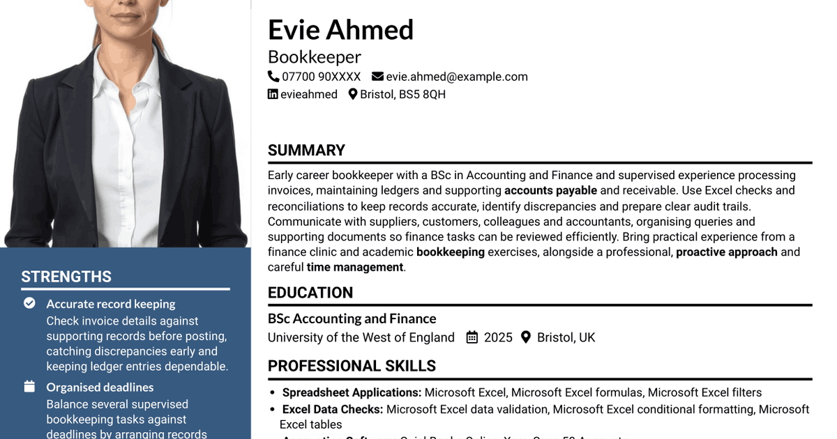 7 Entry-Level Bookkeeper - Accounts Payable and Receivable CV Templates with Example