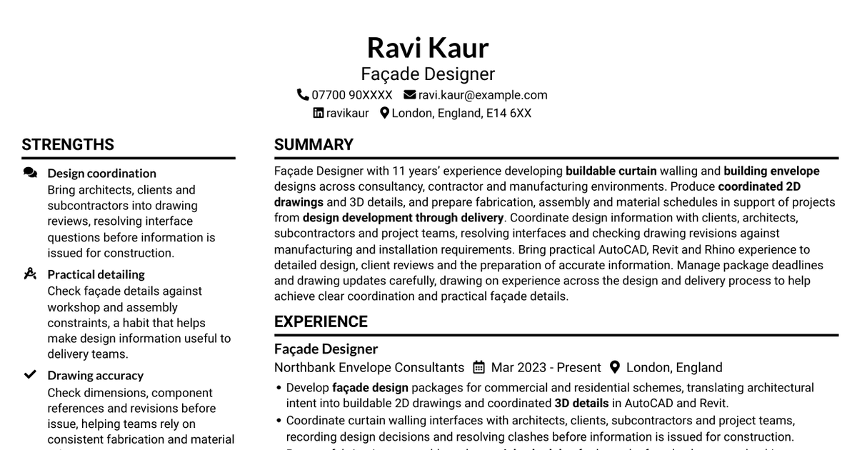 7 Façade Designer - Curtain Walling CV Templates with Example