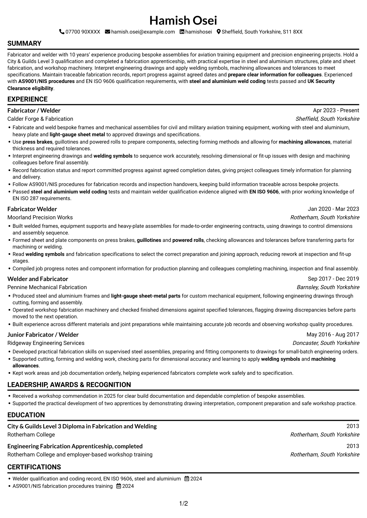 CV example — page 1