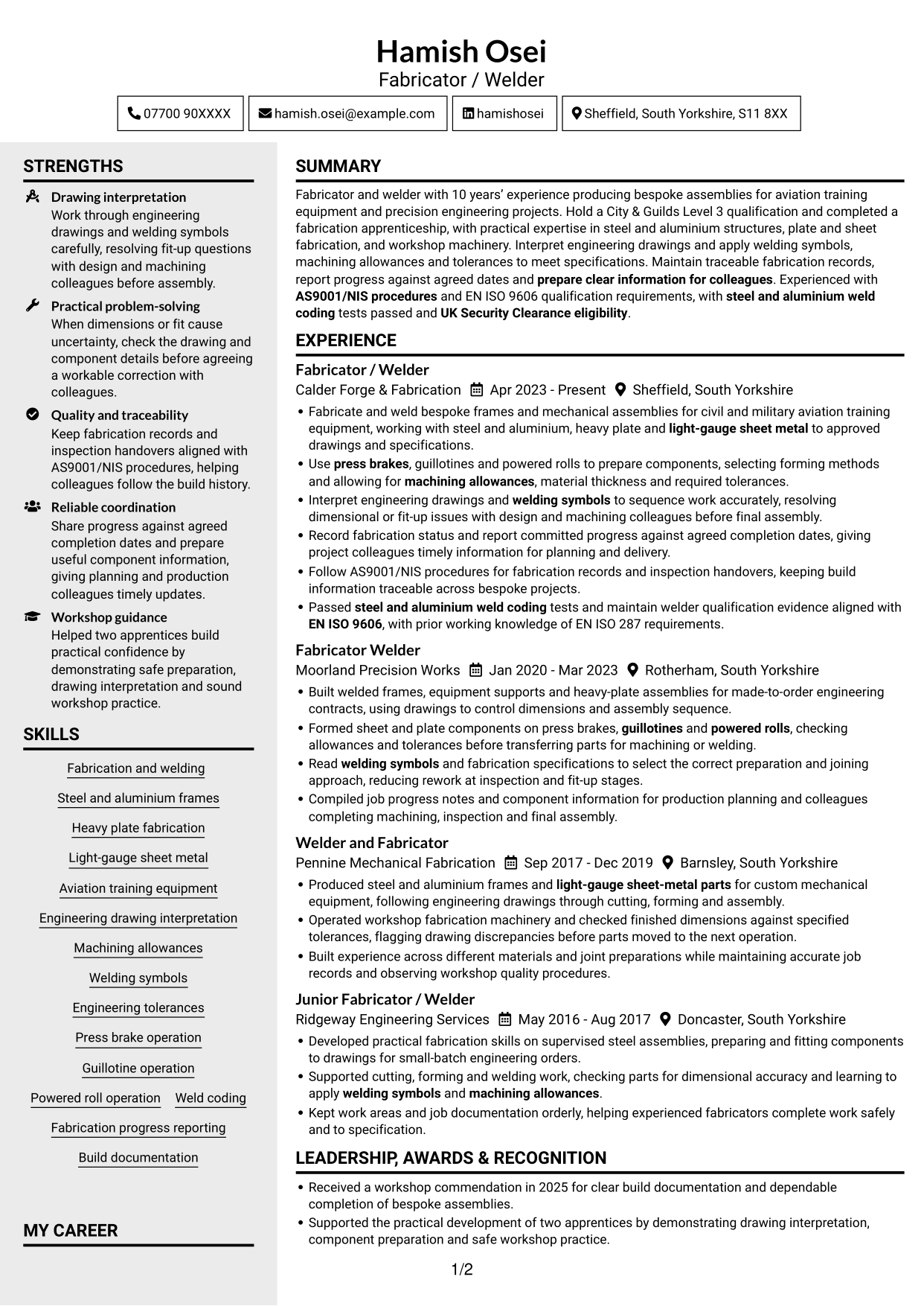 CV example — page 1