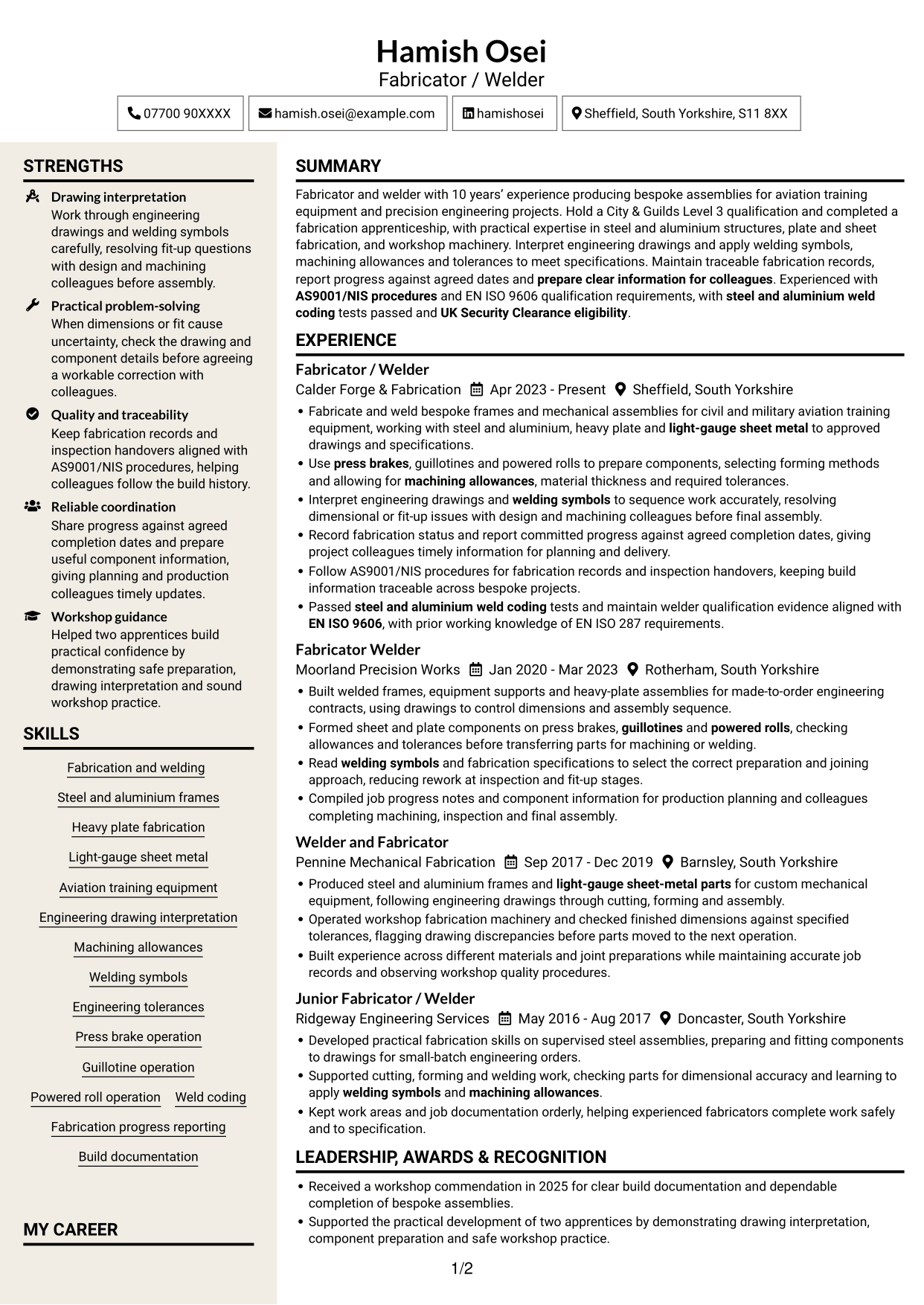 CV example — page 1
