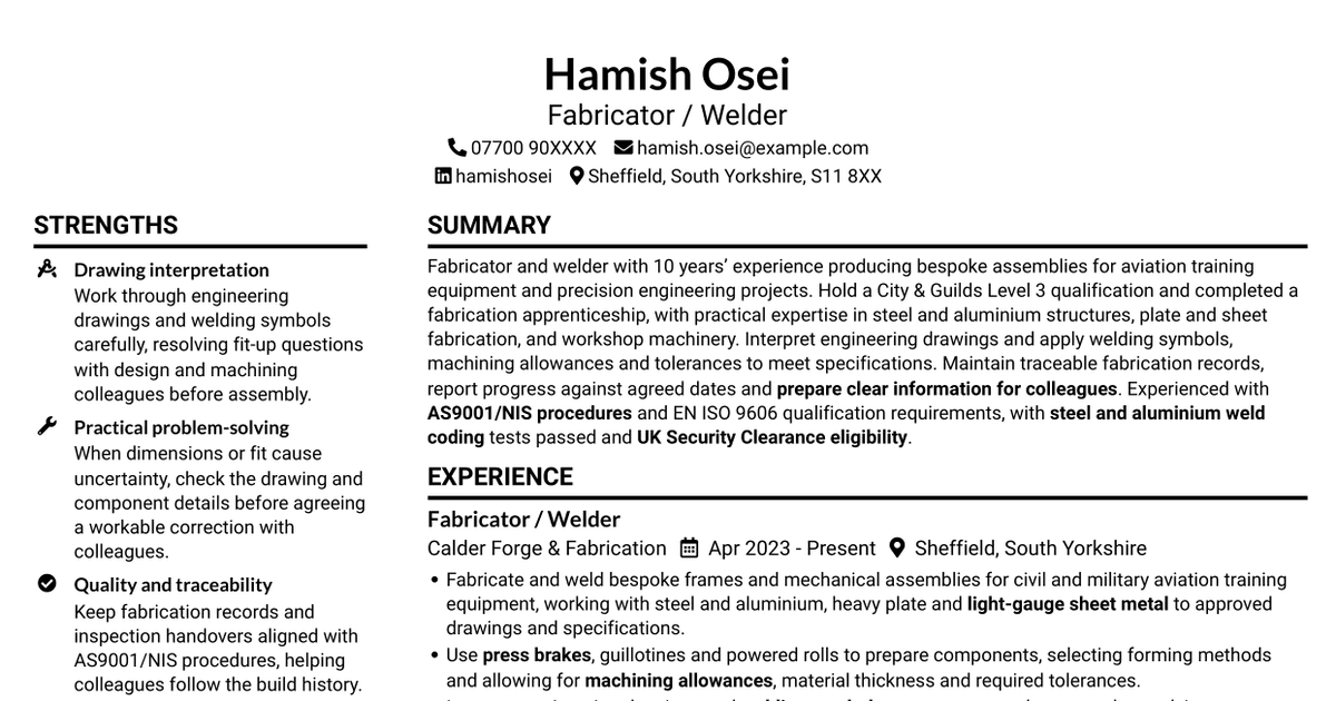 Fabricator / Welder - Aviation Training Equipment CV