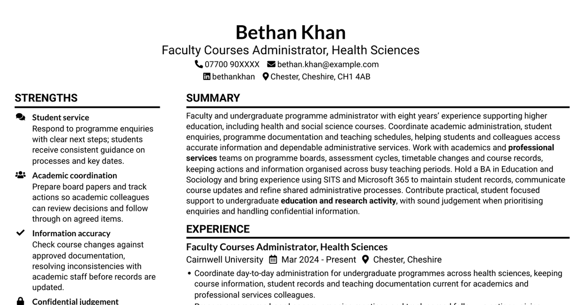 7 Faculty Undergraduate Courses Administrator - Medicine and Health Sciences CV Templates with Example