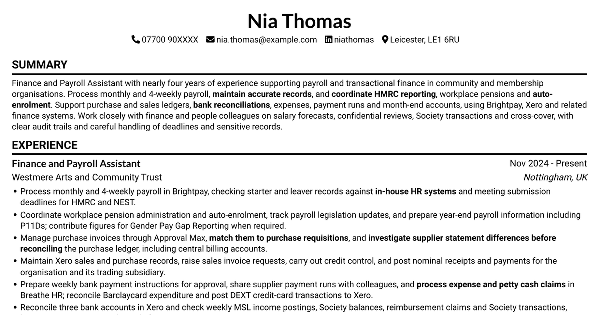 7 Finance and Payroll Assistant - Payroll and Transactional Finance CV Templates with Example