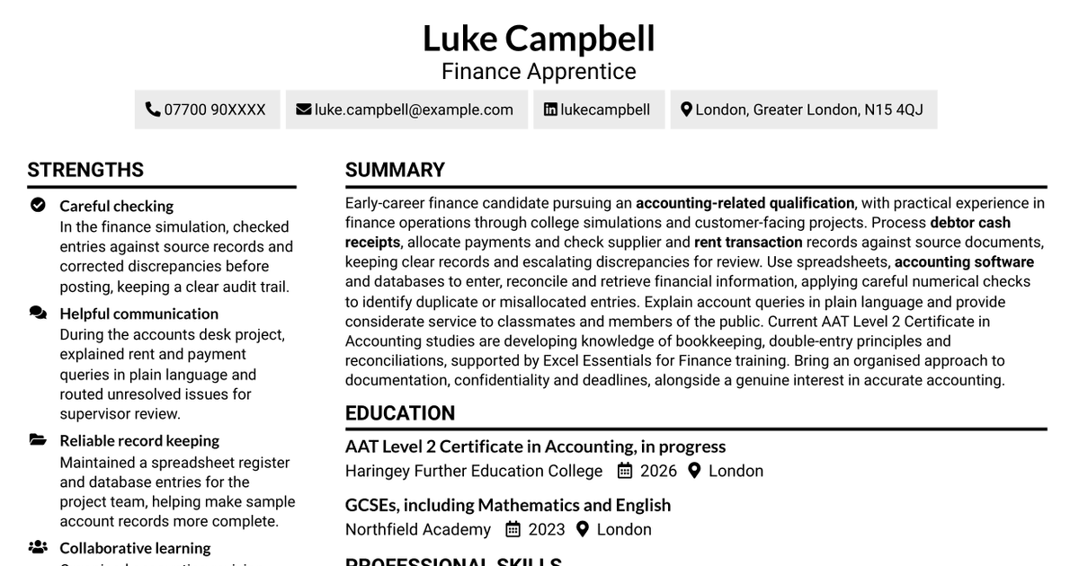 7 Finance Apprentice - Housing Finance CV Templates with Example
