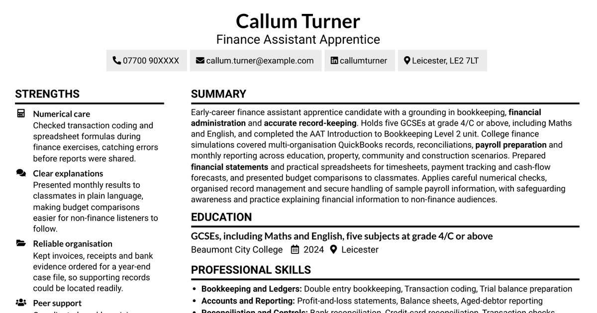 7 Finance Assistant Apprentice - Bookkeeping and Payroll CV Templates with Example
