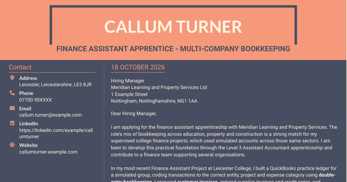 7 Finance Assistant Apprentice - Multi-Company Bookkeeping Cover Letter Templates with Example