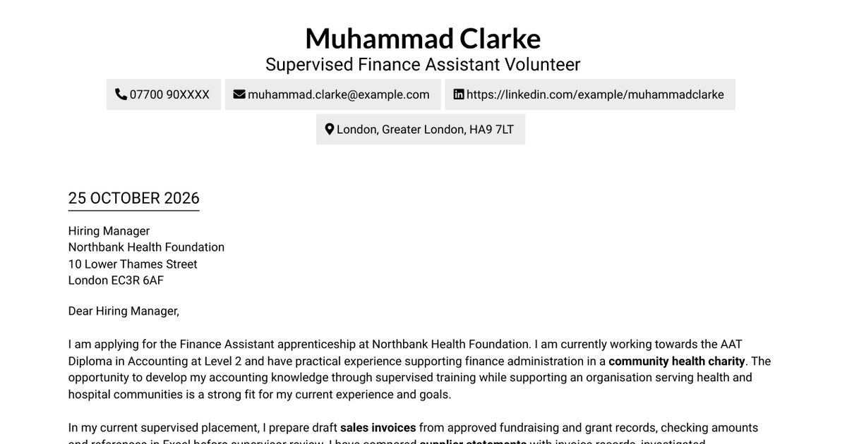 Finance Assistant - Charity Finance Cover Letter
