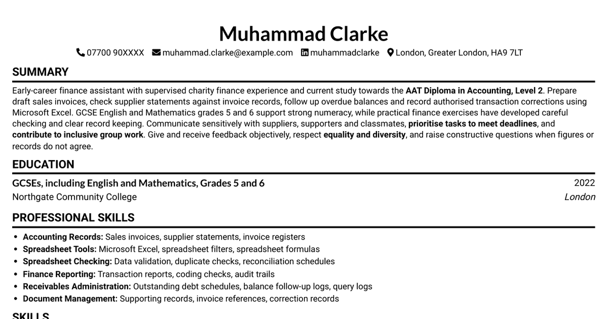 Finance Assistant - Charity Finance CV