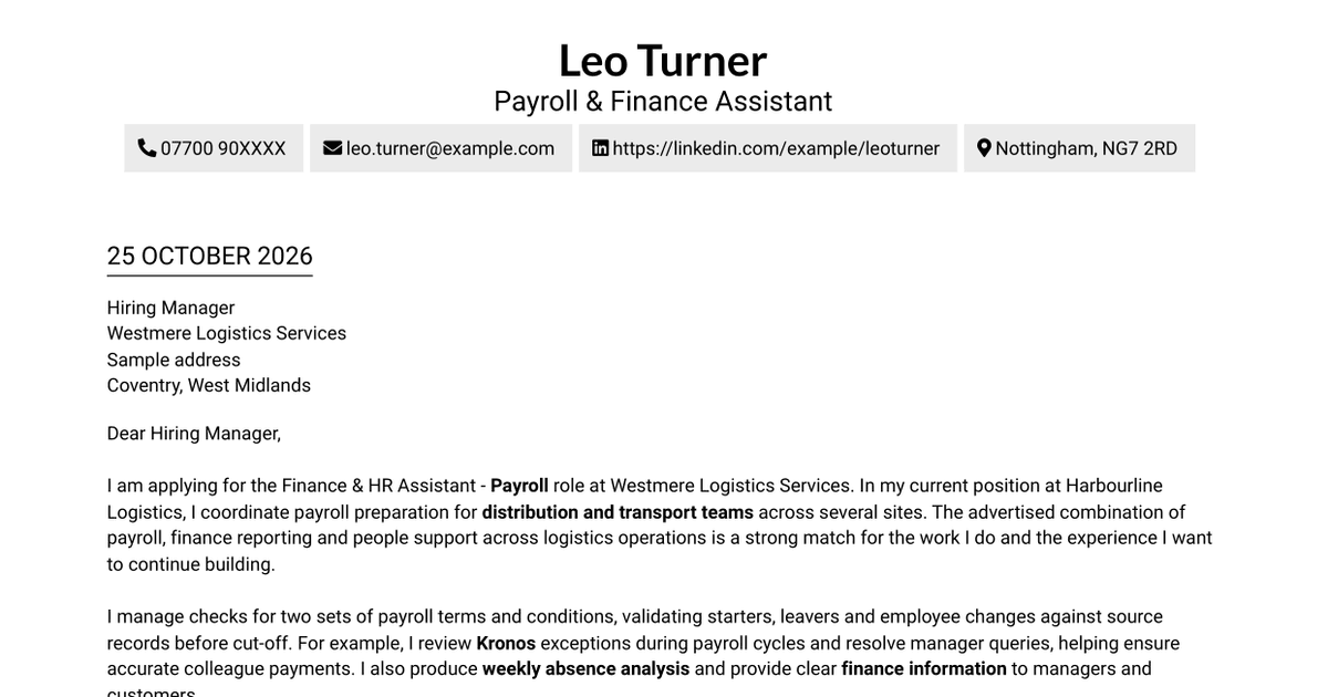7 Finance & HR Assistant - Payroll Cover Letter Templates with Example