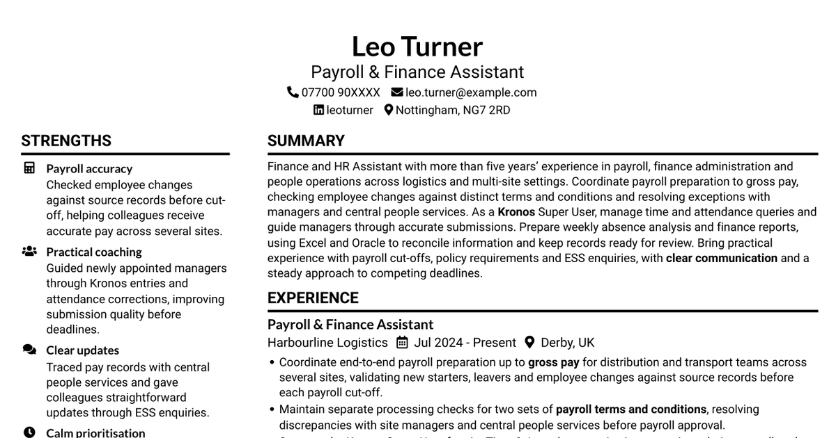 7 Finance & HR Assistant - Payroll CV Templates with Example