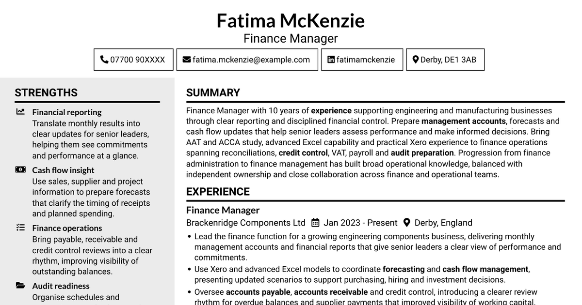 7 Finance Manager Engineering CV Templates with Example