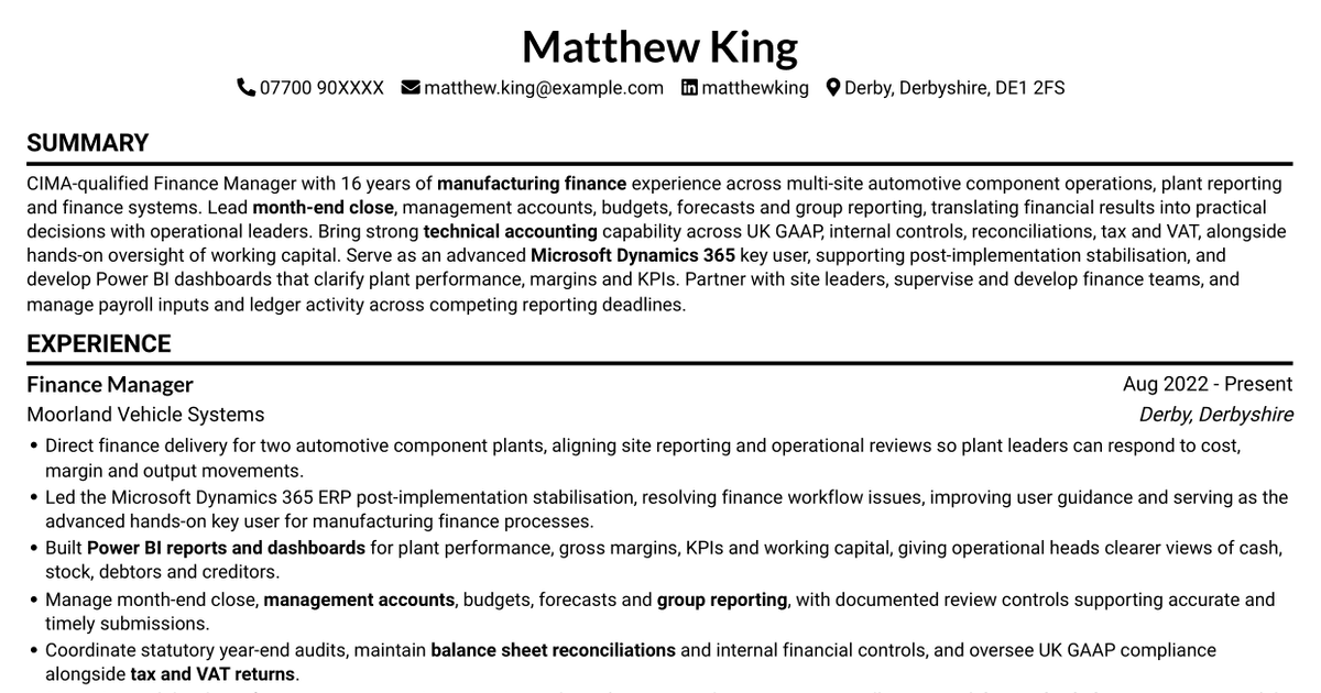 7 Finance Manager - Manufacturing Finance CV Templates with Example