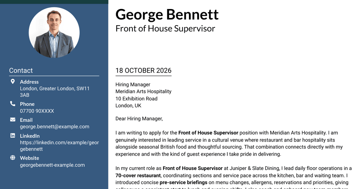 7 Front of House Supervisor - Restaurant and Bar Operations Cover Letter Templates with Example