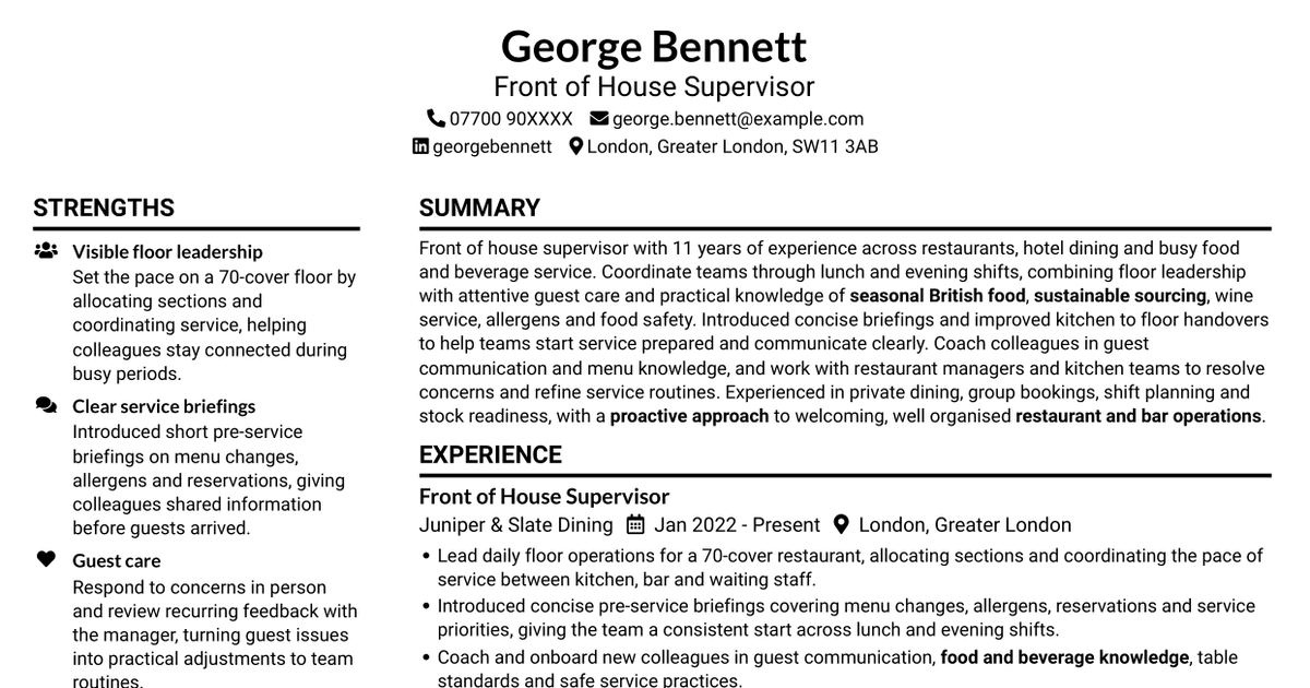 7 Front of House Supervisor - Restaurant and Bar Operations CV Templates with Example