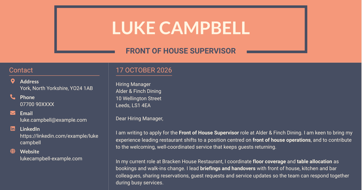 7 Front of House Supervisor - Restaurant Operations Cover Letter Templates with Example