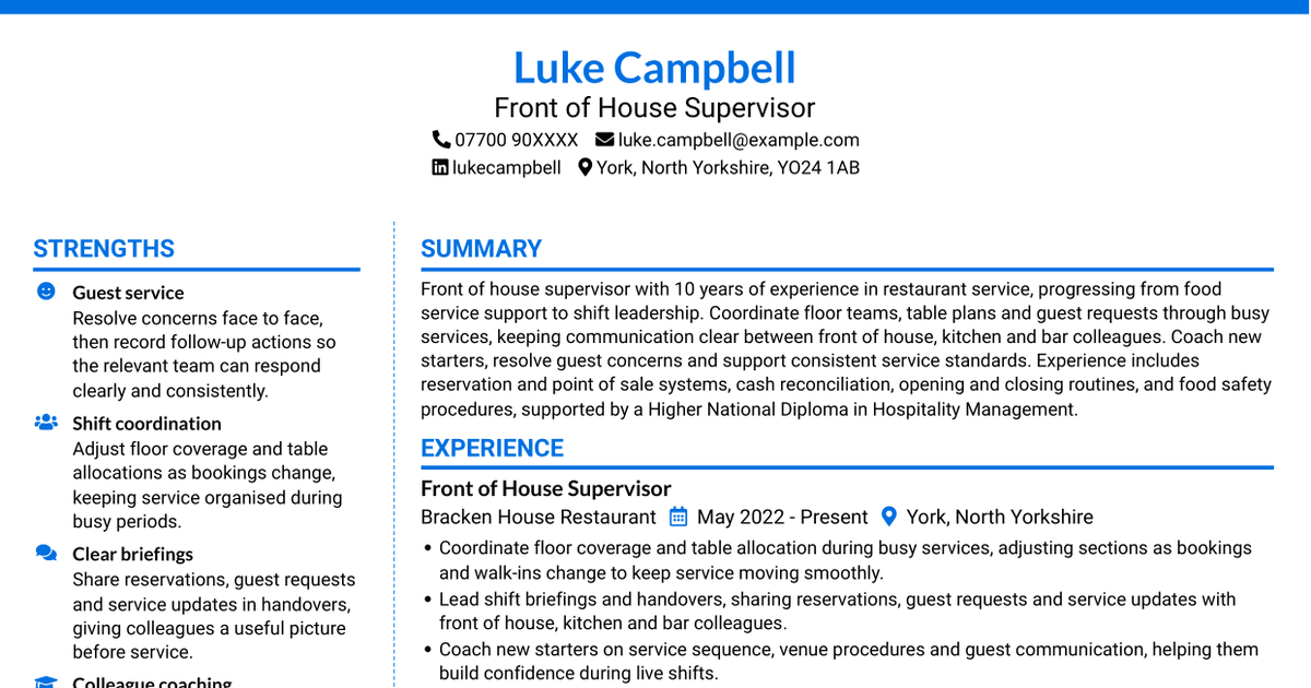 7 Front of House Supervisor - Restaurant Operations CV Templates with Example