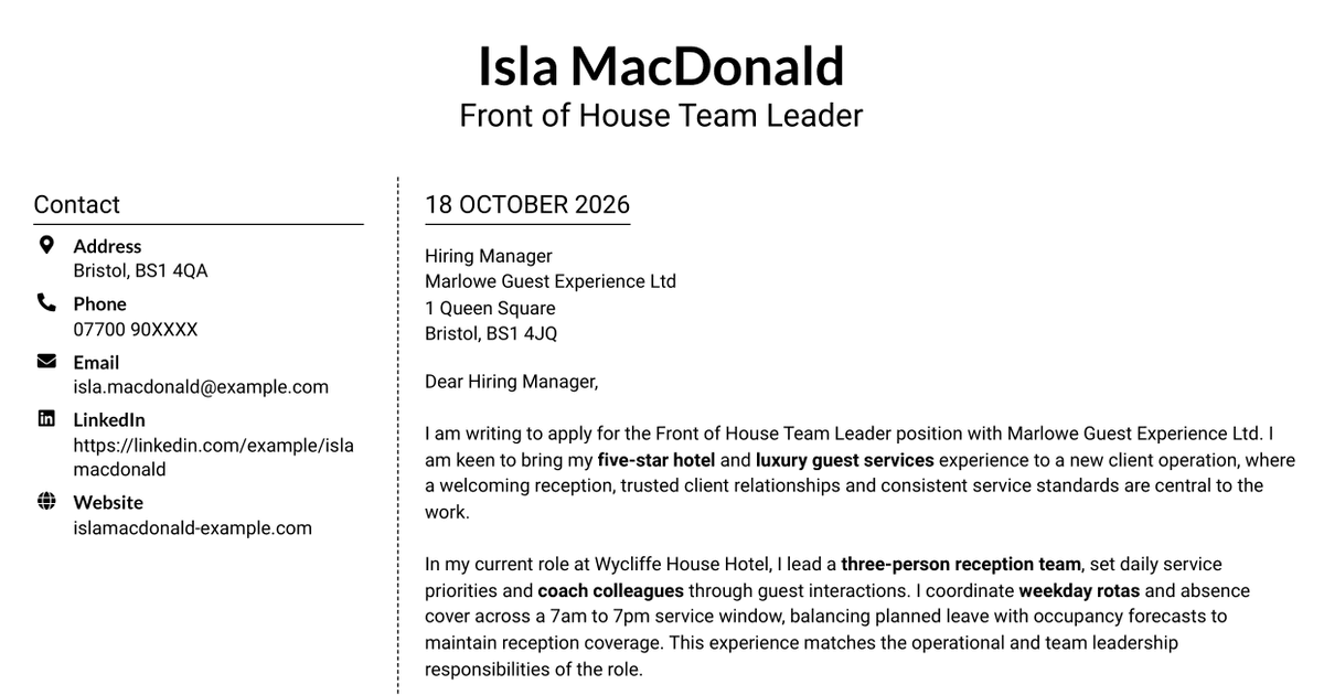 7 Front of House Team Leader - Luxury Guest Services Cover Letter Templates with Example
