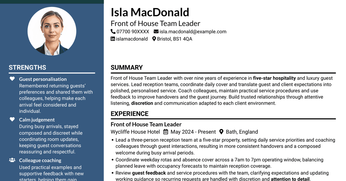 7 Front of House Team Leader - Luxury Guest Services CV Templates with Example