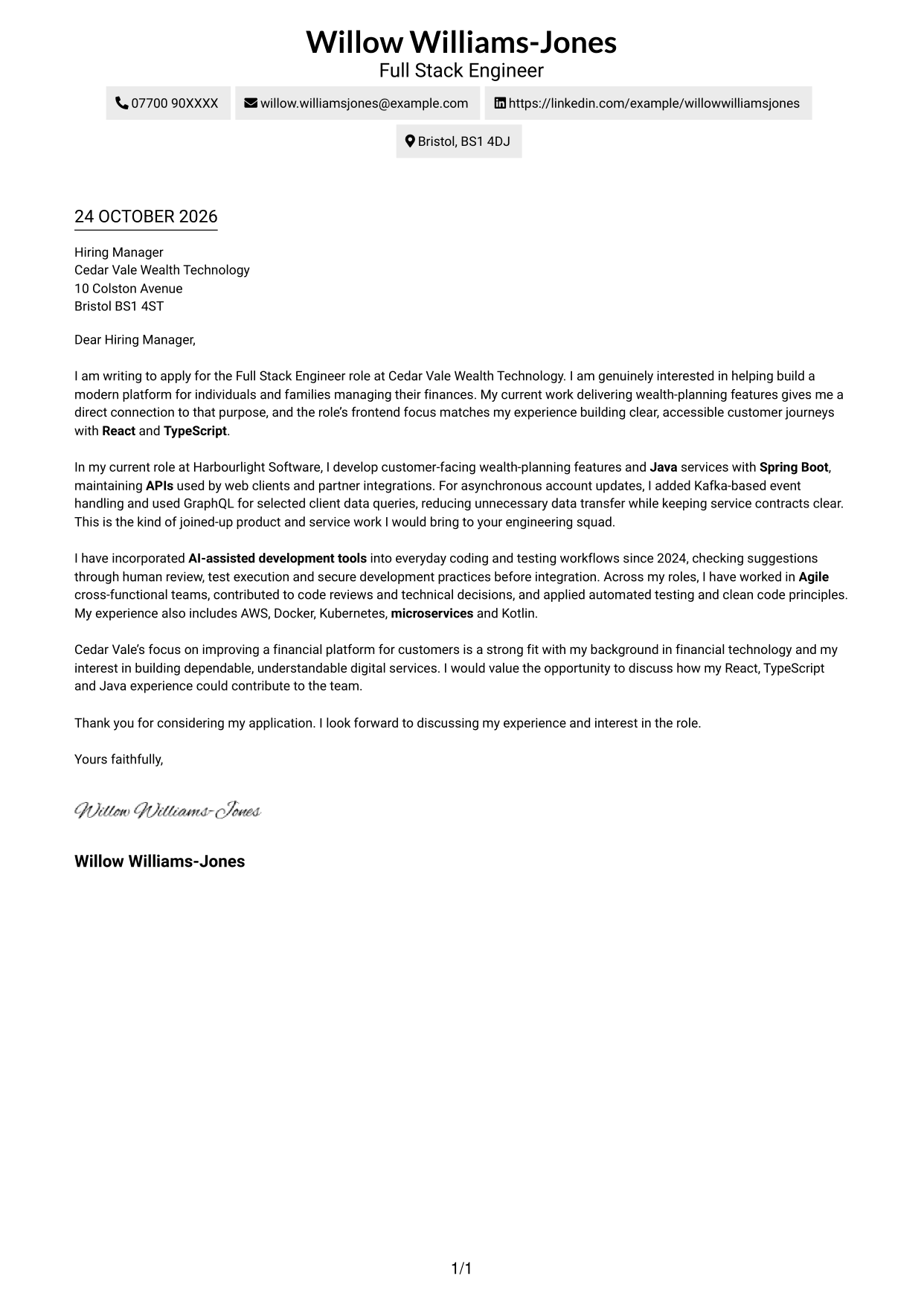 Cover letter example — page 1