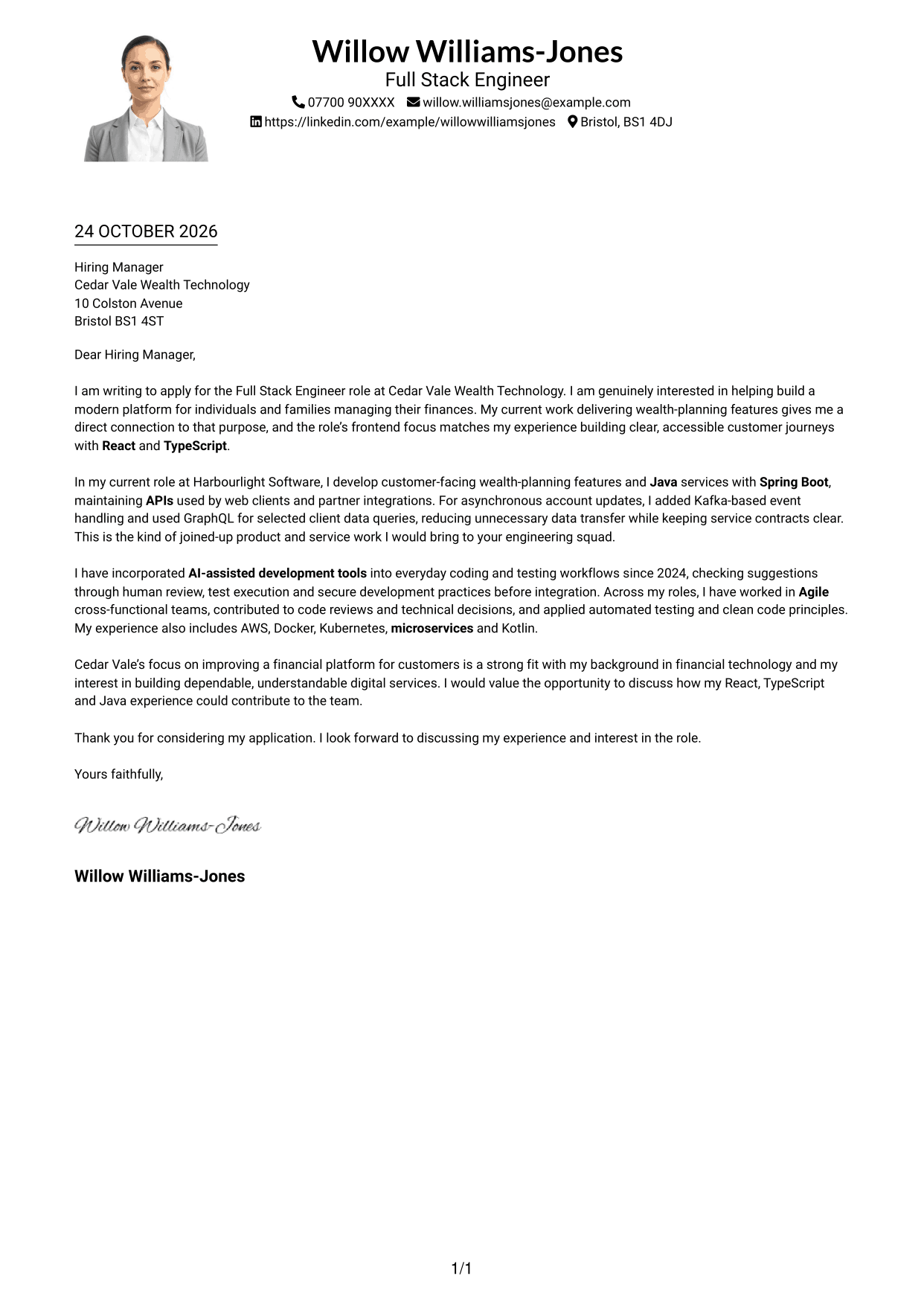 Cover letter example — page 1