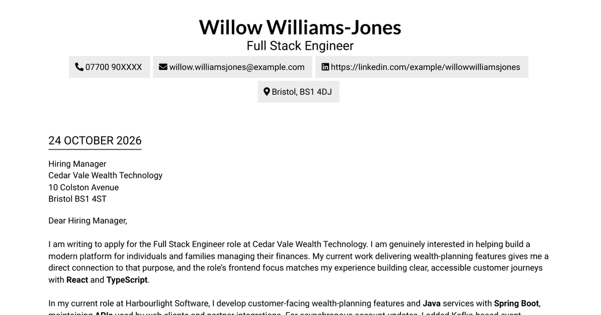 Full Stack Engineer - Java and React Cover Letter