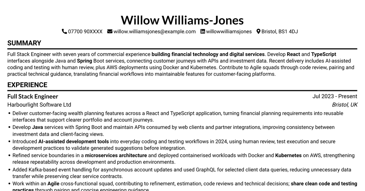 Full Stack Engineer - Java and React CV