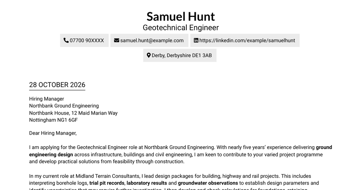 Geotechnical Engineer - Ground Investigation and Design Cover Letter