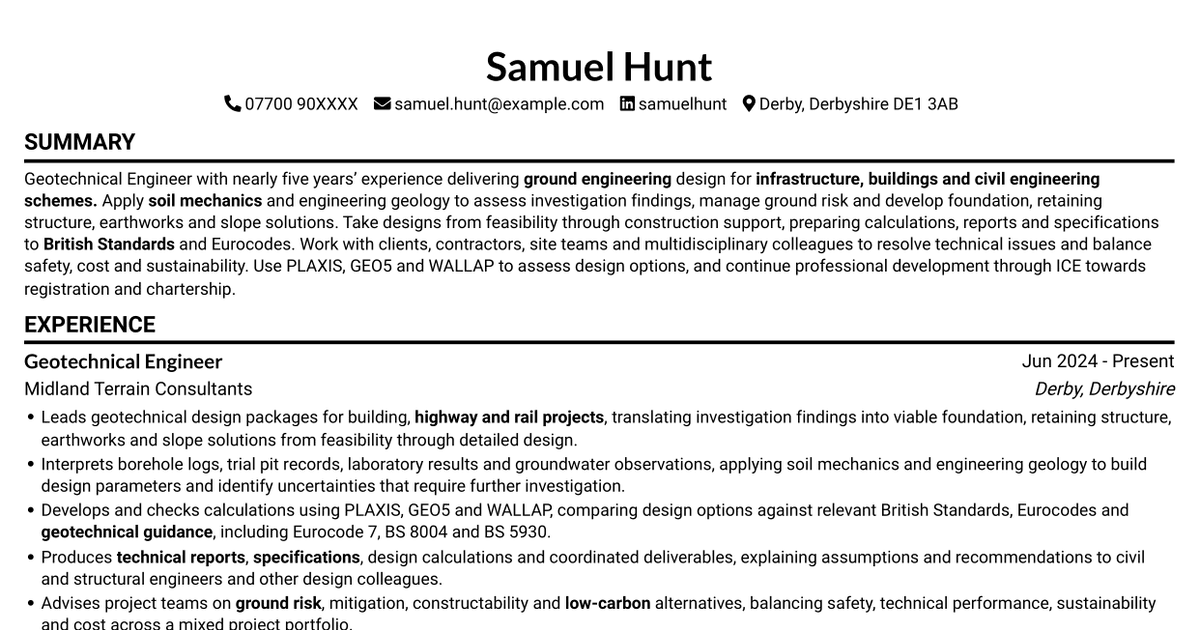 Geotechnical Engineer - Ground Investigation and Design CV