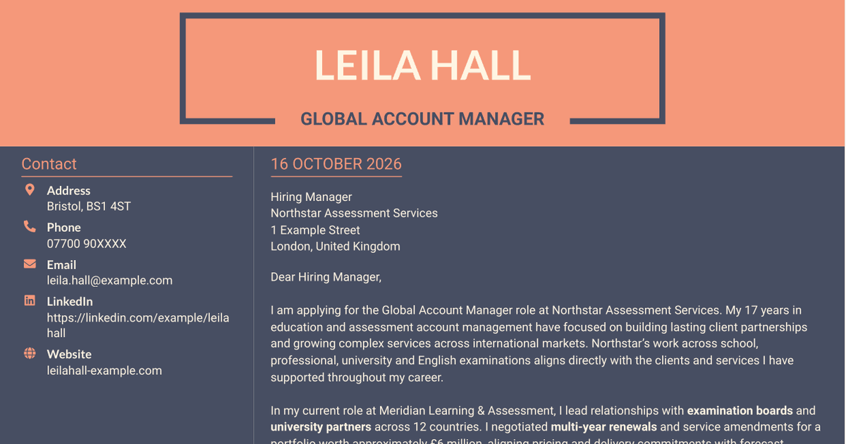 7 Global Account Manager - Education Assessments Cover Letter Templates with Example