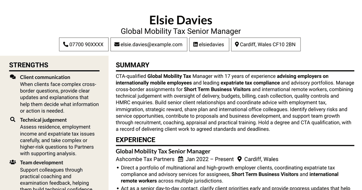 7 Global Mobility Tax Manager CV Templates with Example