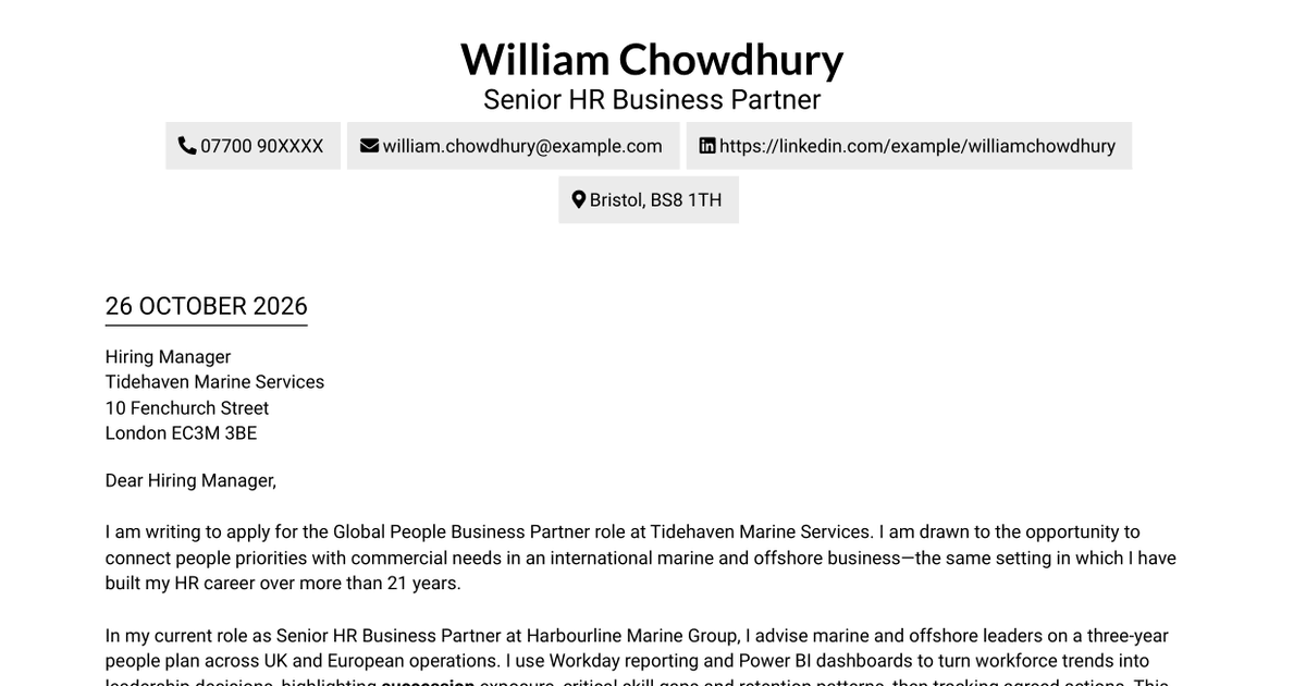 7 Global People Business Partner Marine and Offshore Cover Letter Templates with Example