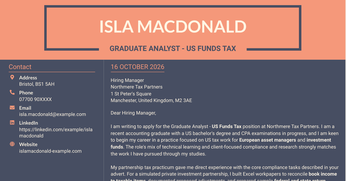 7 Graduate Analyst - US Funds Tax Cover Letter Templates with Example