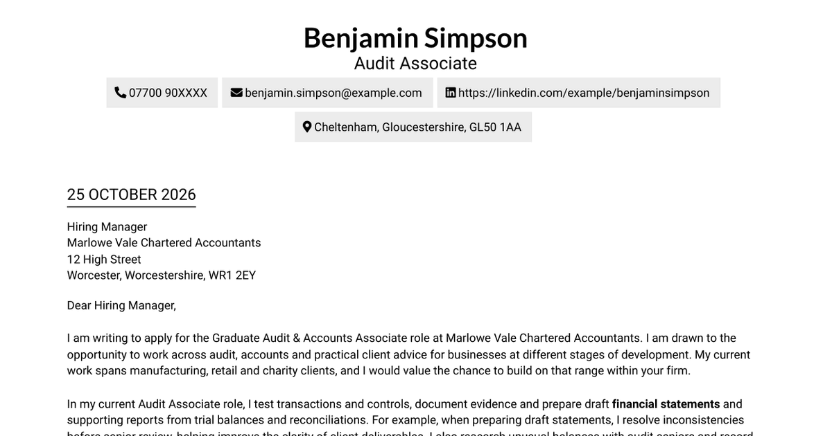 Graduate Audit & Accounts Associate Cover Letter