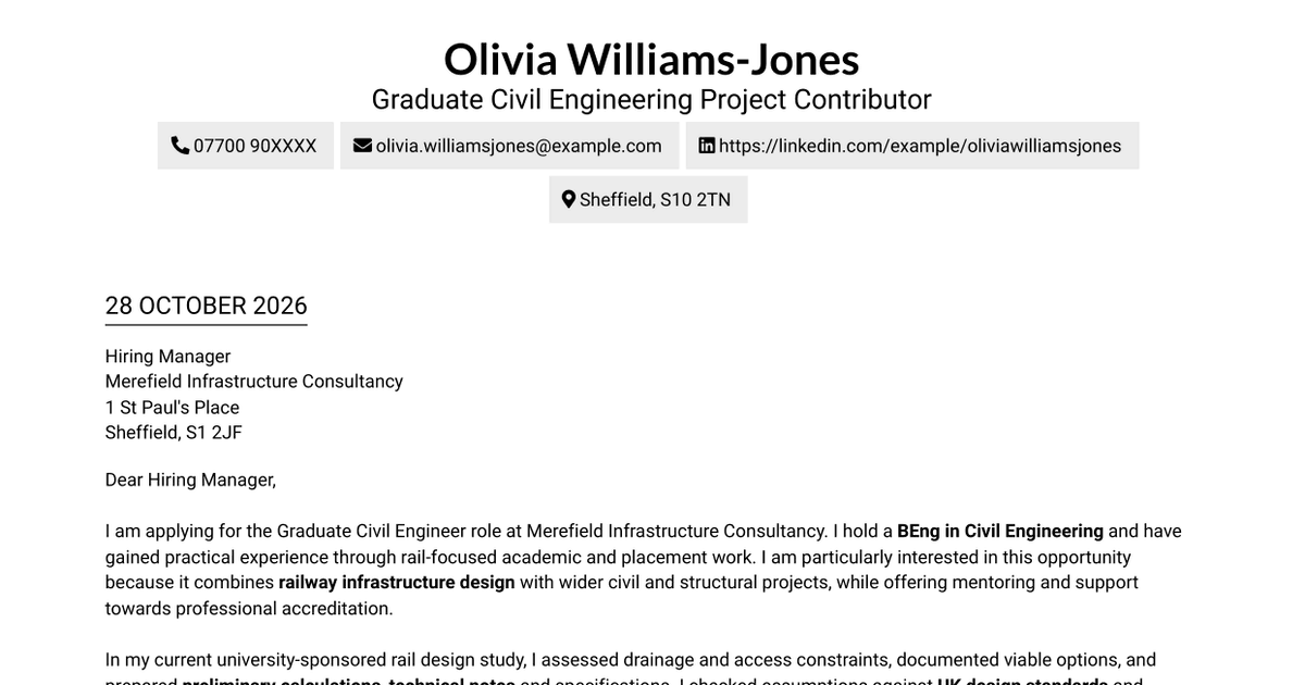 7 Graduate Civil Engineer - Rail Infrastructure Design Cover Letter Templates with Example
