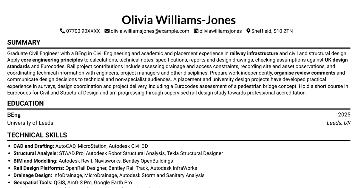 7 Graduate Civil Engineer - Rail Infrastructure Design CV Templates with Example