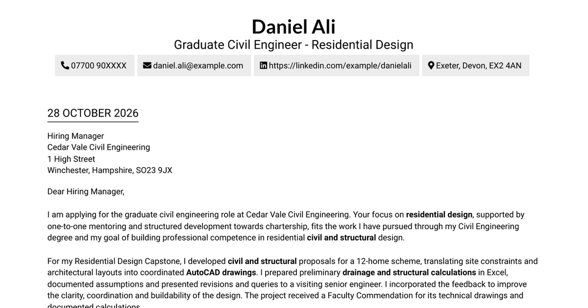 7 Graduate Civil Engineer - Residential Design Cover Letter Templates with Example