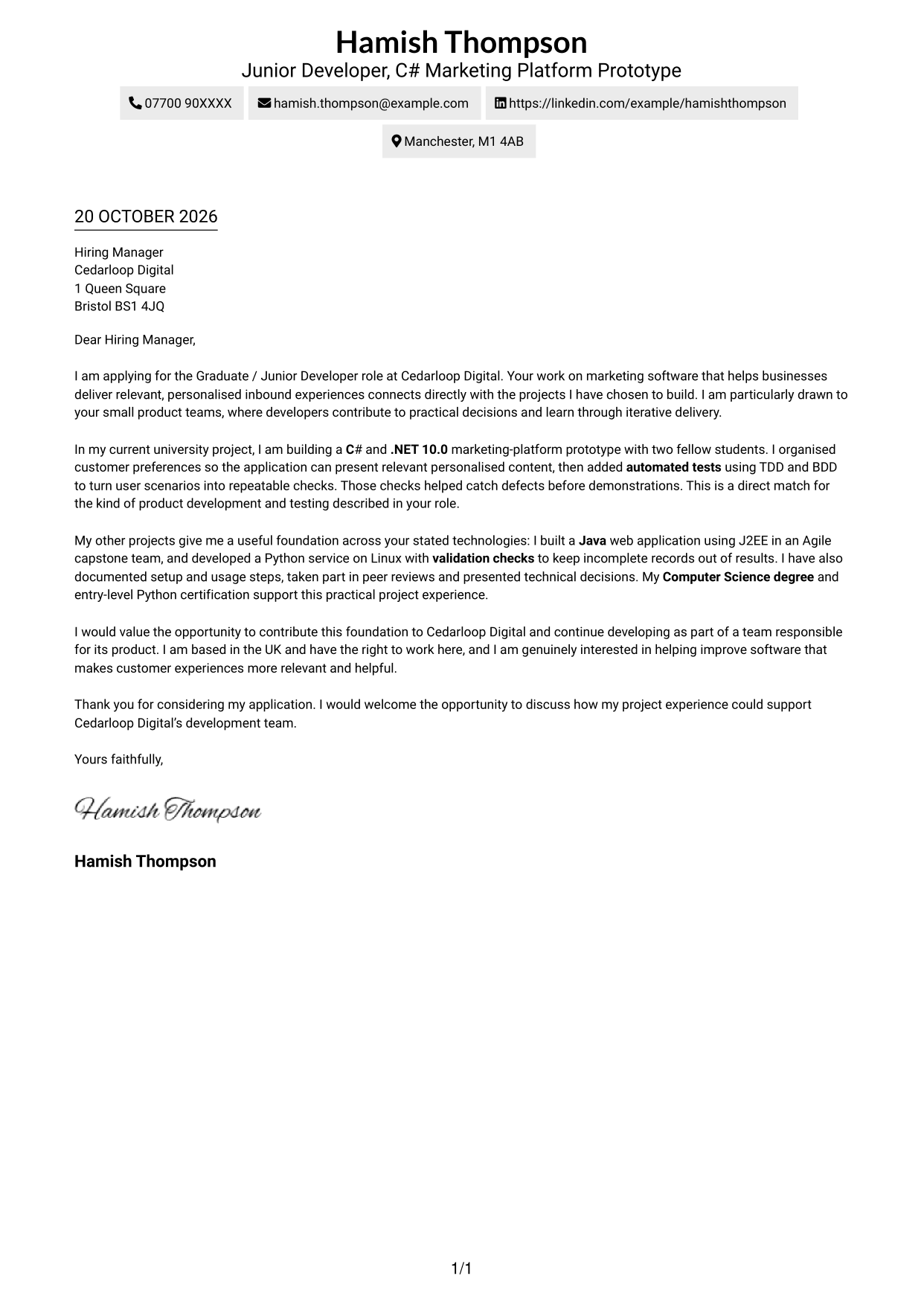Cover letter example — page 1