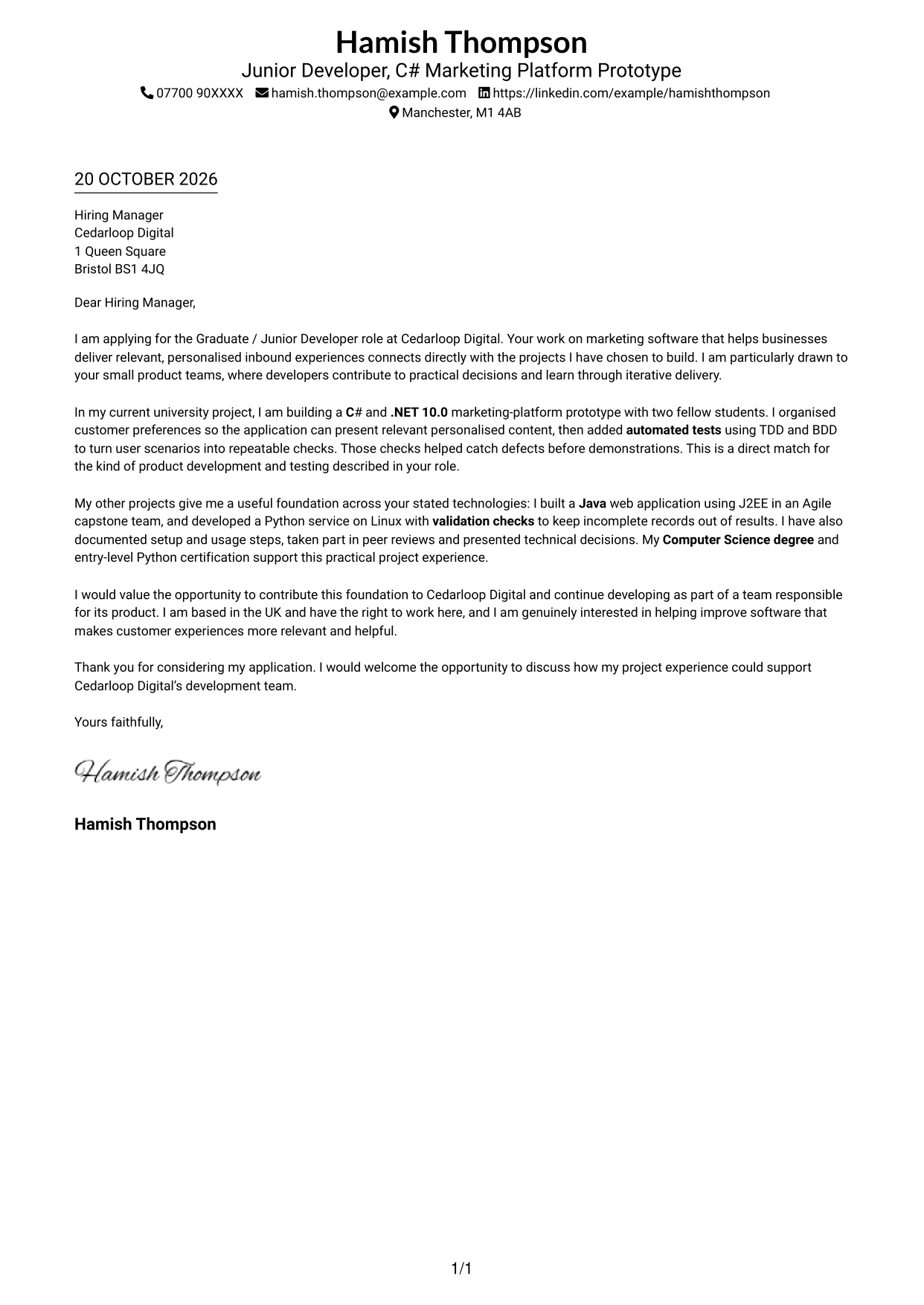 Cover letter example — page 1