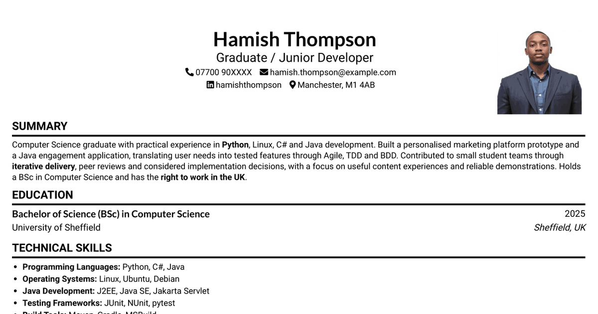 7 Graduate / Junior Developer - Python, Linux, C# and Java CV Templates with Example