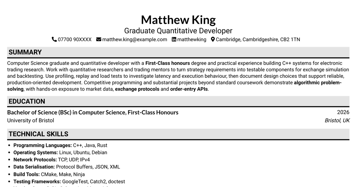 7 Graduate Quantitative Developer - HFT / Low-Latency Systems CV Templates with Example
