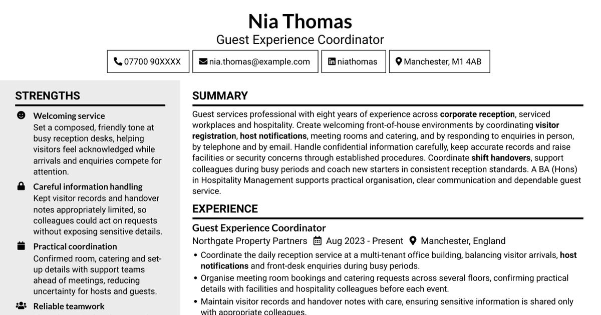 7 Guest Services Ambassador - Corporate Reception CV Templates with Example