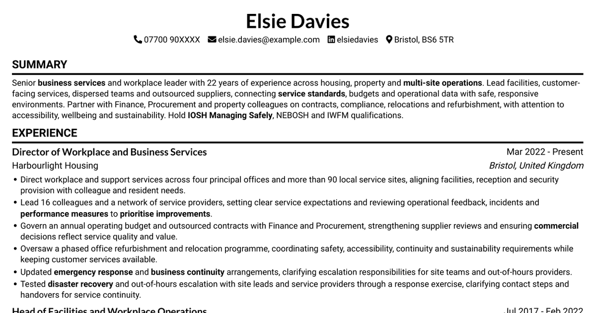 7 Head of Business Services - Workplace and Facilities Management CV Templates with Example